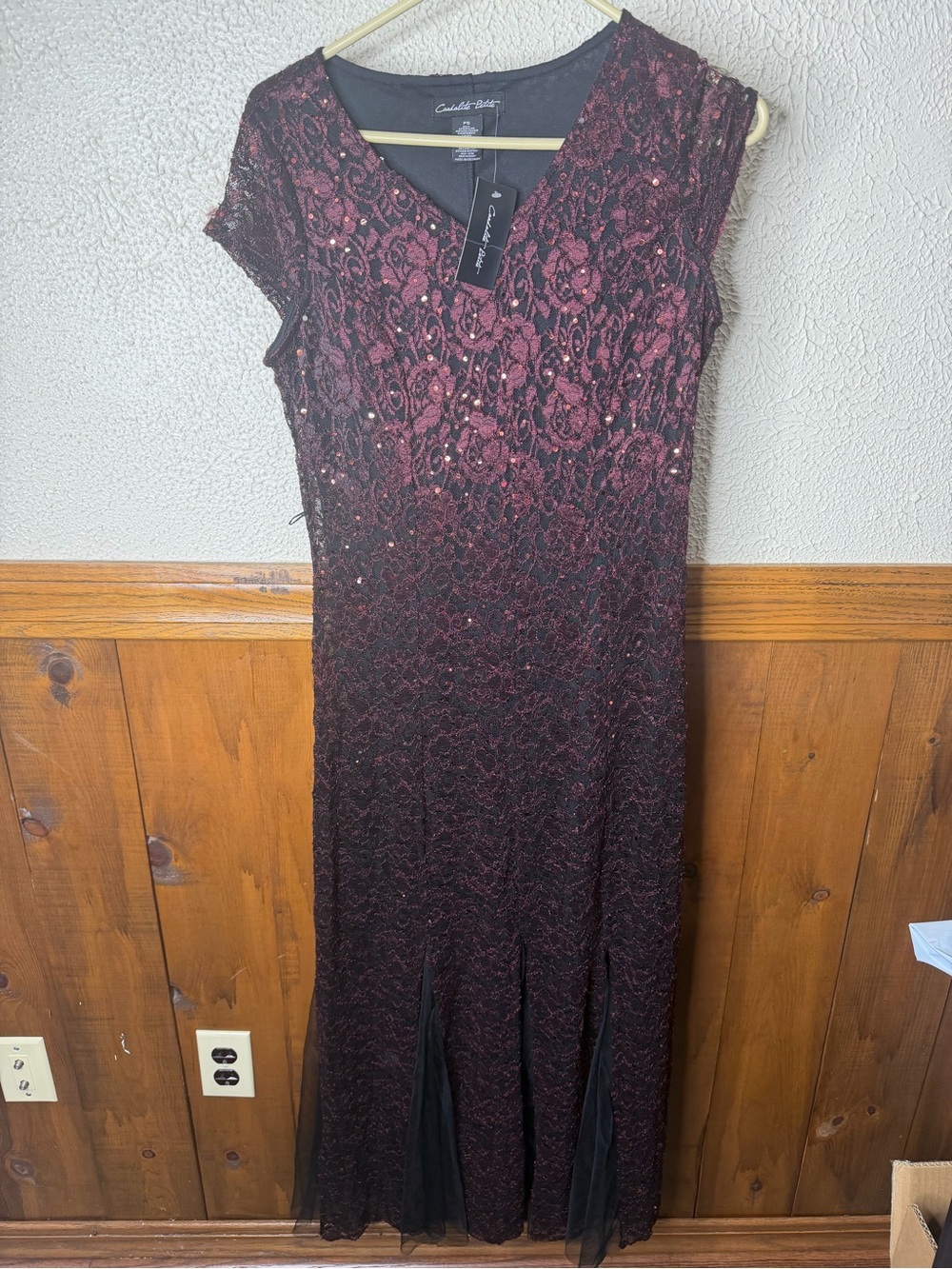 Carole Little Burgundy Lace Sequin Maxi Dress